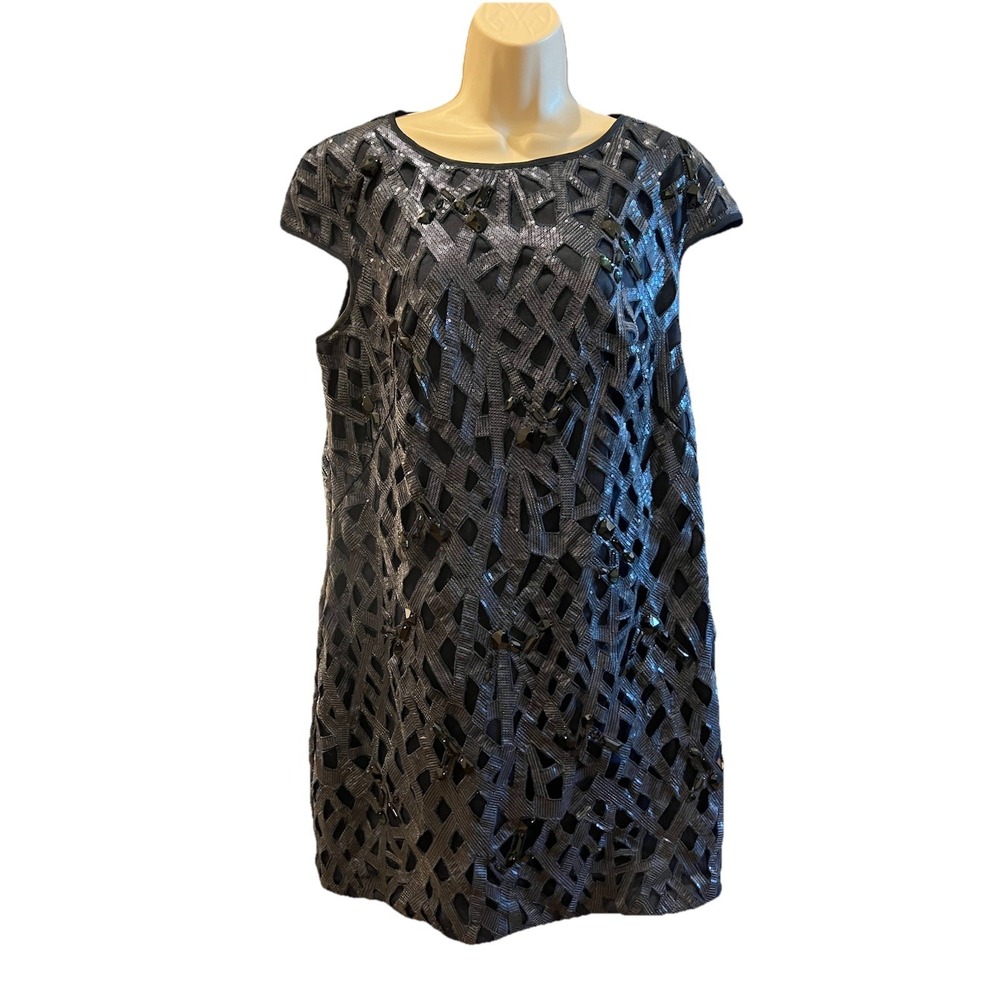 Tadashi Shoji Dress Sz 14 Blue Sequin Sheath Cocktail Cap Sleeve